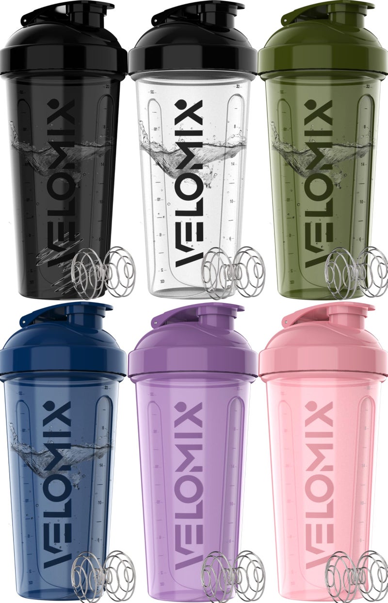 VELOMIX 6 PACK 28 oz Protein Shaker Bottle for Protein Mixes 6x Wire Whisk Leak Proof Shaker Cups for Protein Shakes Protein Shaker Bottle Pack Protein Shake Cup Dynamic Fuel Series